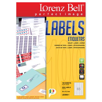 LORENZ BELL Etiquetas Auto-Adesivas, 38 x 21,2 mm, 65 Etiquetas/Folha, Branco, Caixa de 100 Folhas