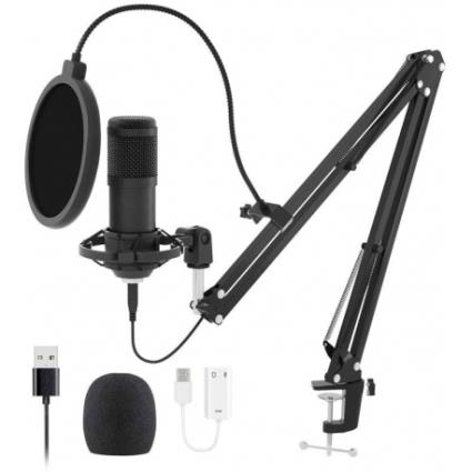 CONJUNTO MICROFONE CONDENSADOR XLR + USB ADAP + STAND + FILTRO