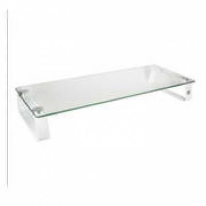 Suporte de mesa em vidro com 5mm de espessura e em aço reforçado para suportar monitores até 20Kg.