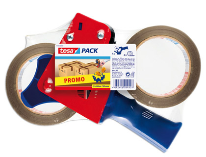 Pack Promocional de Fita de Embalagem incluindo Dispensador Manual de Fita Azul e Vermelho + PP Fita de Embalagem Castanha 2 Rolos de 50 mm x 60 m