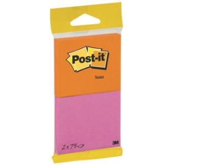Bloco Notas Aderentes 76 x 63.5 mm, Rosa e Laranja Néon, Pack 2, 75 folhas