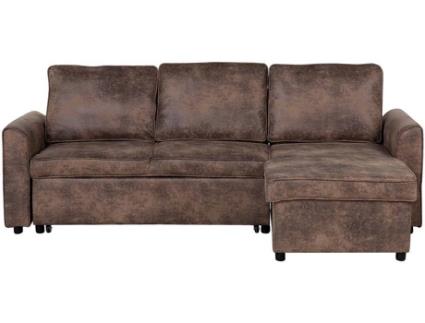 Sofá de canto à esquerda com 3 lugares e arrumação em pele sintética castanha NESNA