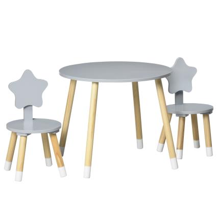 HOMCOM Conjunto de Mesa e 2 Cadeiras de Madeira para Crianças com Mesa Redonda Ø59x50cm e Cadeiras Ø28x51cm Cinza e Madeira   Aosom Portugal