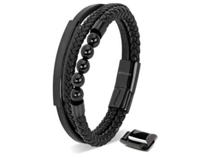 Pulseira SERASAR Pearl (Couro Genuíno e Aço Inoxidável Magnético - Preto - L)