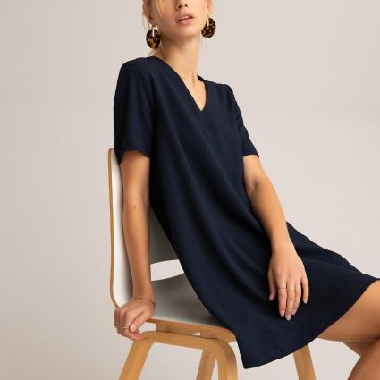 Collections Vestido evasé, decote em V, mangas curtas, em crepe