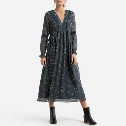 Vestido estampado, decote em V
