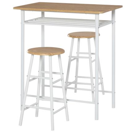 HOMCOM - HOMCOM Conjunto de Móvel Bar com Mesa Alta e 2 Bancos com Prateleira de Armazenamento e Estrutura de Metal 80x50x90cm Branco e Madeira   Aosom Portugal HOMCOM Conjunto de Móvel Bar com Mesa Alta e 2 Bancos com Prateleira de Armazenamento e Estrutura de Metal 80x50x90cm Branco e Madeira   Aosom Portugal