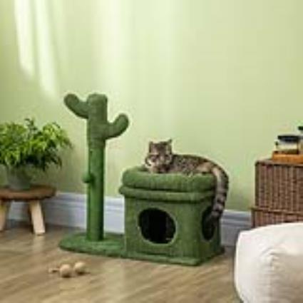 Árvore Arranhador para Gatos, Desenho de Cacto, Altura 83cm, Torre para Gatos com Cama, Casa de Peluche, Poste de Sisal e Bola Suspensa 68x30x67cm Ver