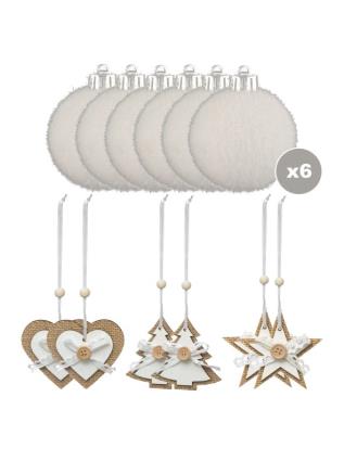 Bolas de Natal branca 6 und mais 6 ornamentos de madeira branco UNIQUE