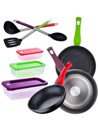 Conjunto de 3 panelas 18 22 e 26 cm, 3 herméticos empilháveis e utensílios multicor UNIQUE