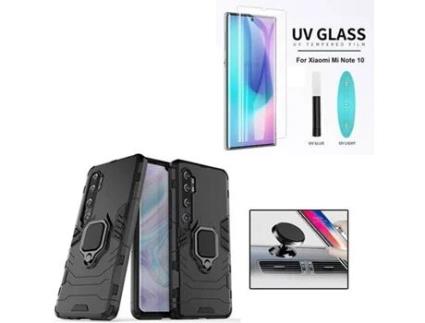 Kit Capa, Película de Vidro Nano Curved UV e Suporte Magnético Auto Xiaomi Mi Note 10 Pro PHONOCARE Militar Preto