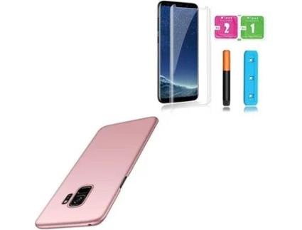 Kit Capa/Película de Vidro Nano Curved UV e Suporte Magnético Auto Samsung Galaxy S9 PHONOCARE SlimShield Rosa