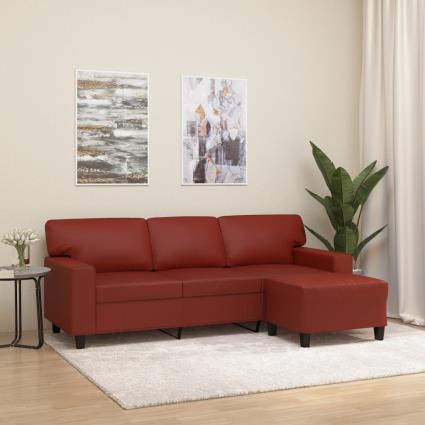 vidaXL Sofá 3 lugares c/ apoio pés 180 cm couro artif. vermelho tinto