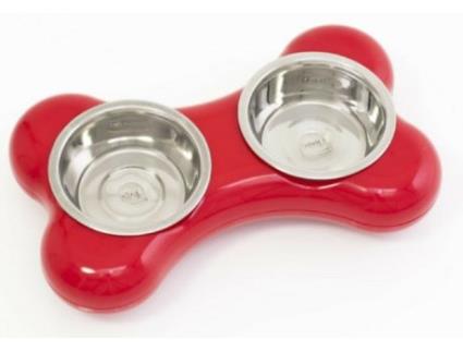 Comedouro Duplo para Cães HING Osso Vermelho