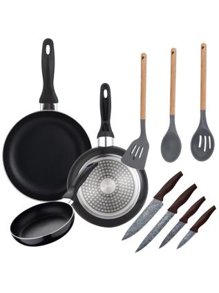 Conjunto 3 frigideiras, 4 facas de cozinha e 3 utensílios - Navy Black preto UNIQUE