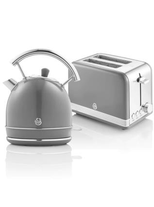 Retro Conjunto de Pequeno-Almoço, Chaleira 1,8L Sem fios, Torradeira de Pão 2 Fatias Largas cinzento UNIQUE