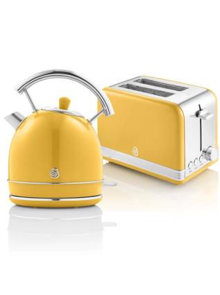 Retro Conjunto de Pequeno-Almoço, Chaleira 1,8L Sem fios, Torradeira de Pão 2 Fatias Largas amarelo UNIQUE