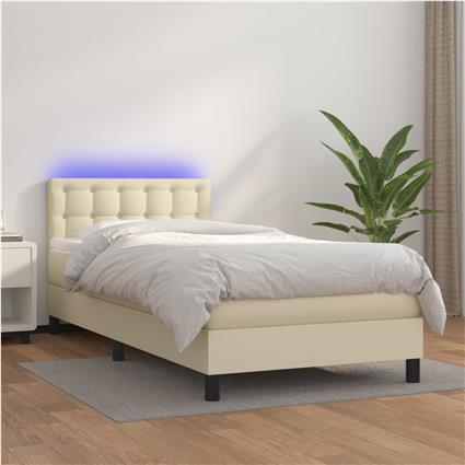 vidaXL Cama box spring c/ colchão/LED 90x200 cm couro artificial creme