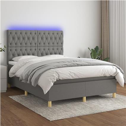 vidaXL Cama box spring c/ colchão e LED 140x190 cm tecido cinza-escuro