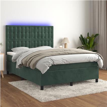 vidaXL Cama box spring c/ colchão/LED 140x190 cm veludo verde-escuro