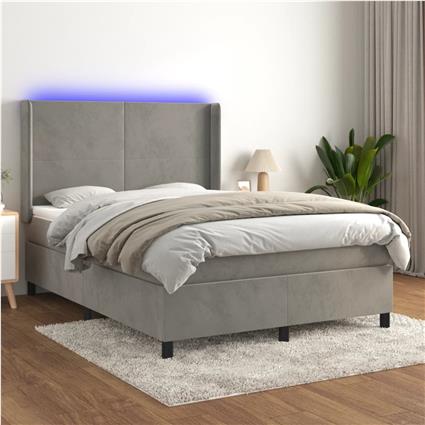 vidaXL Cama box spring c/ colchão/LED 140x200 cm veludo cinzento-claro