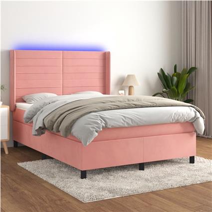 vidaXL Cama box spring c/ colchão/LED 140x190 cm veludo rosa