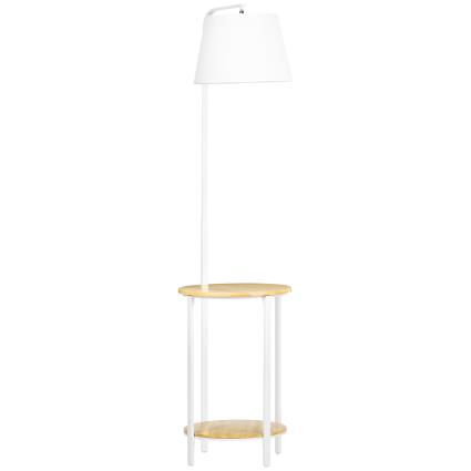 HOMCOM Candeeiro de Pé Moderno com Prateleira Suporte para Lâmpada E27 Máx. 40W com Ecrã de Linho Ø37x162cm Branco e Madeira   Aosom Portugal