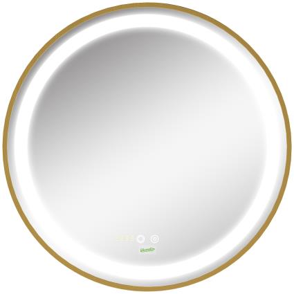 kleankin Espelho Casa de Banho Redondo com Luz LED 3 Luzes Ajustáveis Visualização de Temperatura e Hora Função de Memória Ø60x4cm Dourado   Aosom Portugal