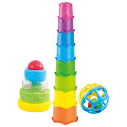 Jogo Didático  Blocos de construção, bola com guizo e cubos empilháveis