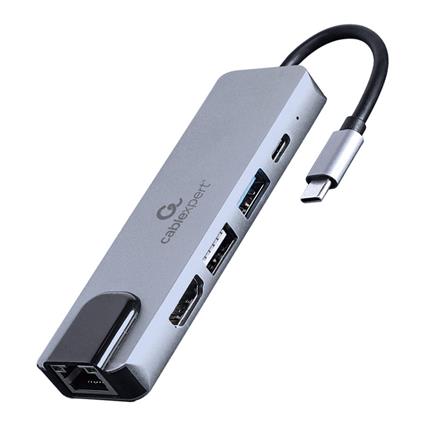 Adaptador Gembird USB-C 5-in-1(Hub+HDMI+PD+LAN) Prateado