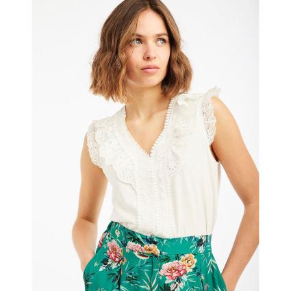 Blusa bimatéria, decote em V, detalhes bordados