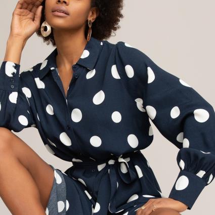 Collections Vestido tipo camisa estampado às bolas, mangas compridas