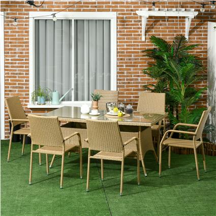 Conjunto de Móveis de Vime Mesa com Tampa de Vidro e 6 Cadeiras Empilháveis com Almofadas