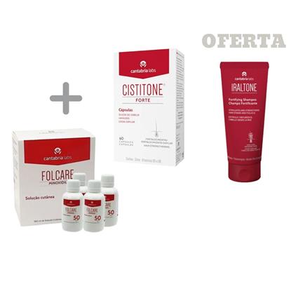 Pack Folcare solução cutânea 50 mg/ml - 4 x 60 ml + Cistitone Forte Cáps 60 com oferta Iraltone champô Fortificante 200 ml