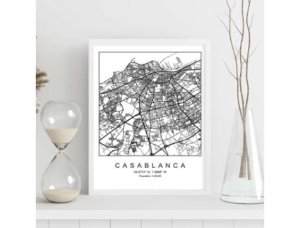 Póster NACNIC Mapa Do Estilo Nórdico da Cidade de Casablanca em Preto e Branco.