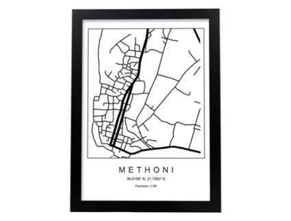 Póster NACNIC Mapa Do Estilo Nórdico da Cidade de Methoni em Preto e Branco