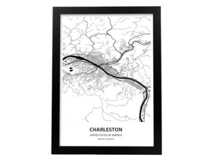 Charleston - Pôster De Mapa Dos Eua. Perda De Cidades Nos Estados Unidos Com Mares E Rios Em Preto. Sem Quadro