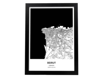 Pôster De Mapa De Beirute - Libano. Lesas De Cidades De Ã Fica Com Mares E Rios De Preto. Sem Quadro