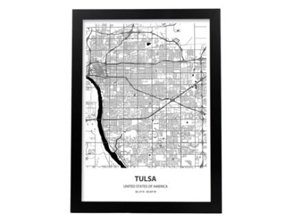 Pôster De Mapa De Tulsa - Eua. Perda De Cidades Nos Estados Unidos Com Mares E Rios Em Preto. Sem Quadro
