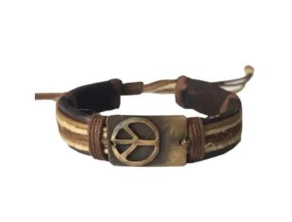 Pulseira ANJU Símbolo Paz (Couro - Castanho - Ajustável)