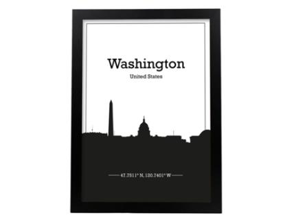 Washington - Pôster De Mapa Dos Eua. Lhesas Com Cidades Do Horizonte Nos Estados Unidos, Canadá, México, Com Sombra Negra. Sem Quadro