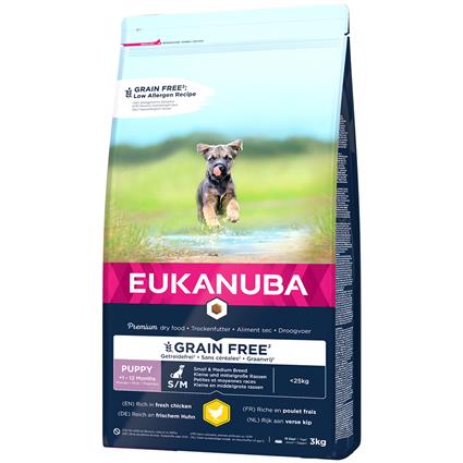 Eukanuba Grain Free Puppy raças pequenas e médias com frango - 3 kg