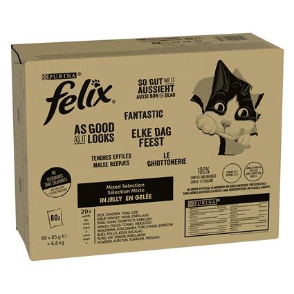 Felix Fantastic Saquetas 80 x 85 g - Jumbopack - Misto de carne e peixe em gelatina (vaca, frango, atum, bacalhau)