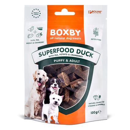 Boxby Superfood snacks com pato, ervilhas e mirtilos para cães - 120 g