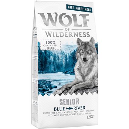Wolf of Wilderness ração para cães 2 x 12 kg - Pack económico - NOVO: Senior Blue River com frango do campo e salmão