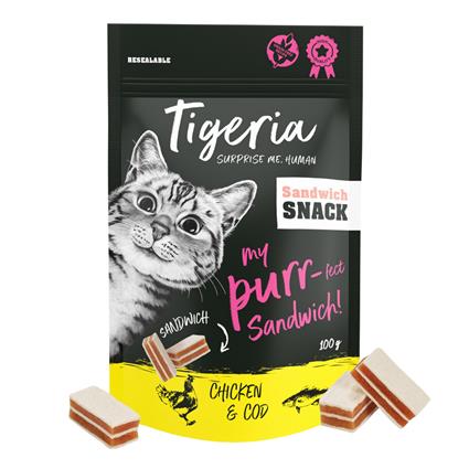 Tigeria Sandwich Snack com frango e bacalhau 100 g snacks para gatos - Pack económico: 3 x 100 g