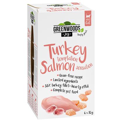 Greenwoods Joy filete de peru com salmão em terrinas para gatos - Pack económico: 24 x 85 g