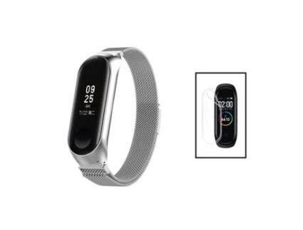 Kit GIFT4ME Bracelete Milanese com Fecho Magnético + Pelicula de Hydrogel para Xiaomi Mi Band 7 Cinza / Transparente