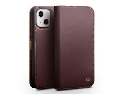 Capa de couro genuíno QIALINO com suporte marrom para iPhone 13 mini 5.4
