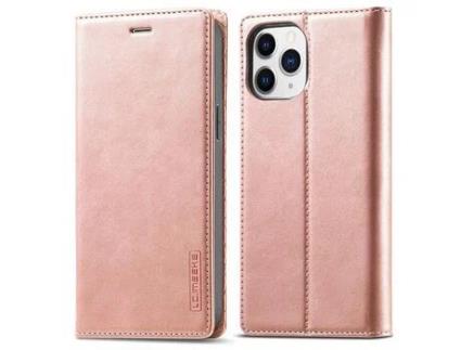 Capa PU + TPU LC.IMEEKE auto-absorvido com suporte de ouro rosa para iPhone 13 Pro Max 6.7